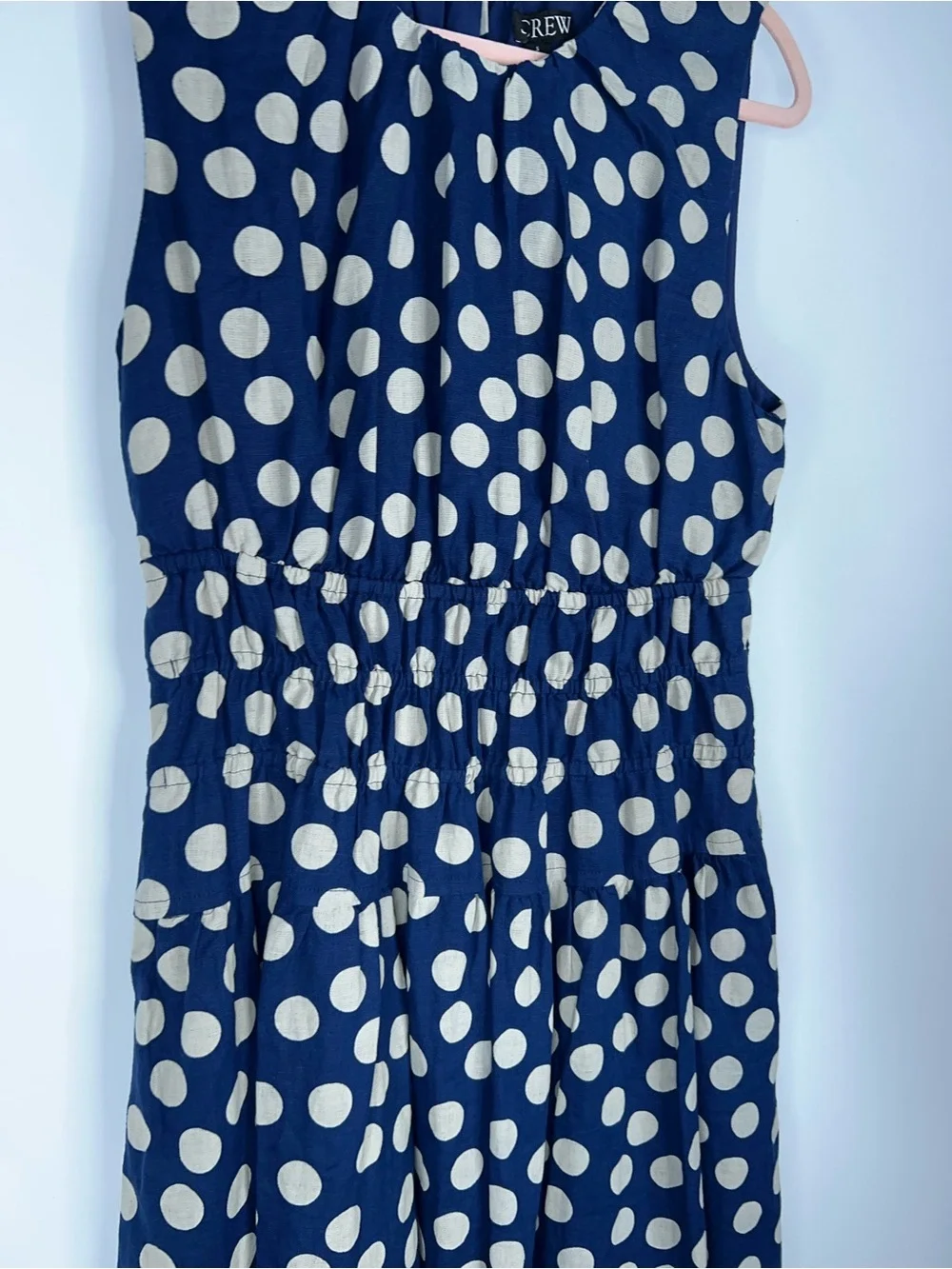 J Crew Navy Polka Dot Sleeveless Midi Dress Smocked Waist Linen New Size Small